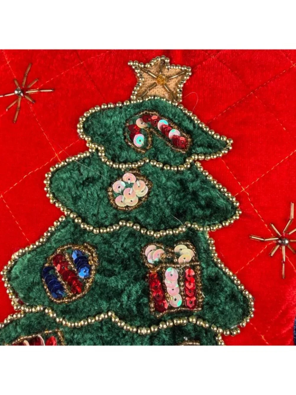 Vintage 3 crush Velvet Sequin Blue Red Green Christmas Tree Presents Pillows